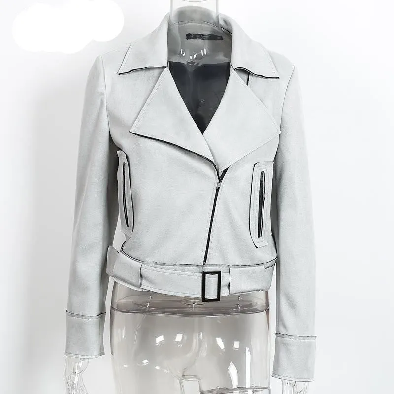 Simplee Apparel Zipper basic suede jacket coat motorcycle leather jacket Women outwear Pink belted short winter jackets