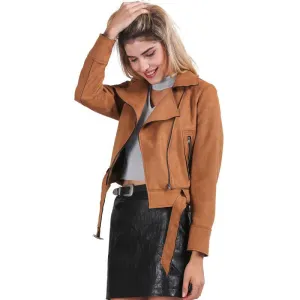 Simplee Apparel Zipper basic suede jacket coat motorcycle leather jacket Women outwear Pink belted short winter jackets