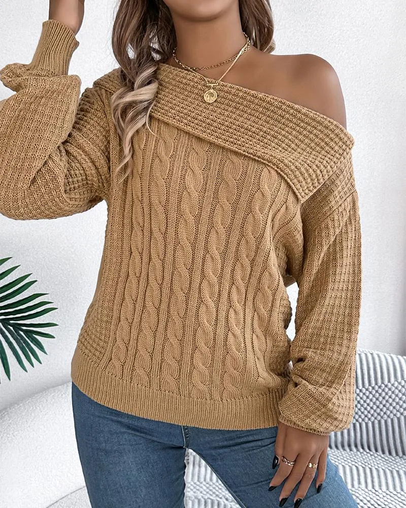 Skew Neck Long Sleeve Cable Knit Sweater