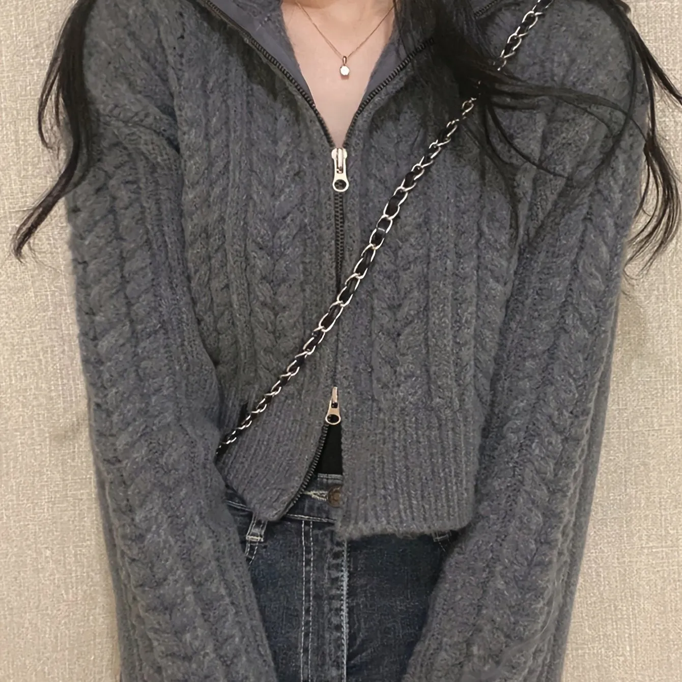 Solid Color Open Front Cardigans Top, Casual Lapel Neck Long Sleeve Twist Zipper Top For Fall & Winter, Women's Clothing
