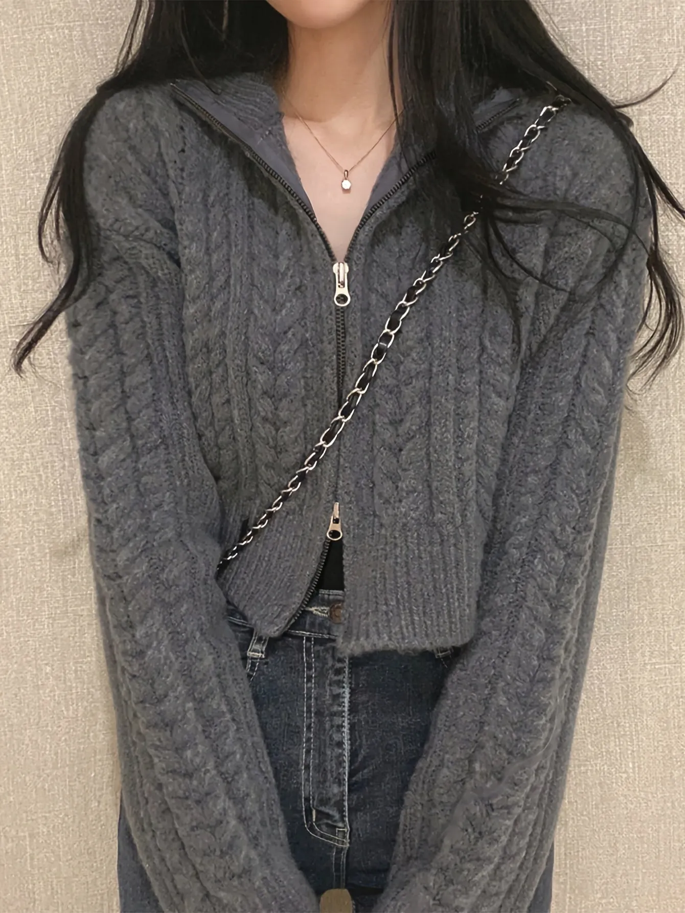 Solid Color Open Front Cardigans Top, Casual Lapel Neck Long Sleeve Twist Zipper Top For Fall & Winter, Women's Clothing