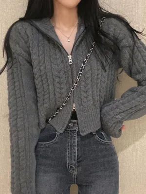 Solid Color Open Front Cardigans Top, Casual Lapel Neck Long Sleeve Twist Zipper Top For Fall & Winter, Women's Clothing