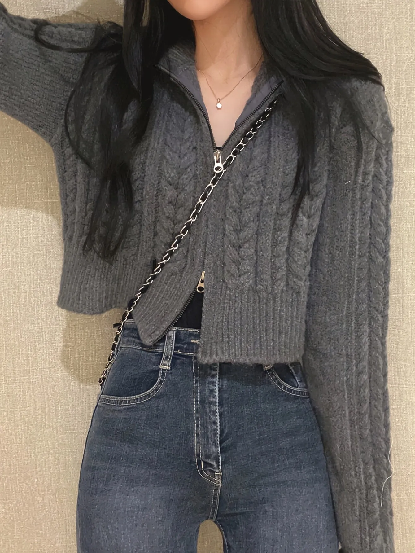 Solid Color Open Front Cardigans Top, Casual Lapel Neck Long Sleeve Twist Zipper Top For Fall & Winter, Women's Clothing