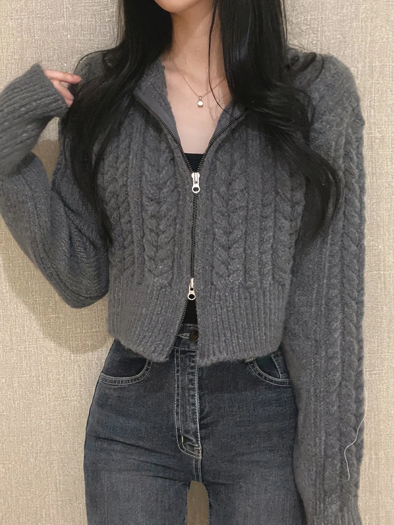 Solid Color Open Front Cardigans Top, Casual Lapel Neck Long Sleeve Twist Zipper Top For Fall & Winter, Women's Clothing