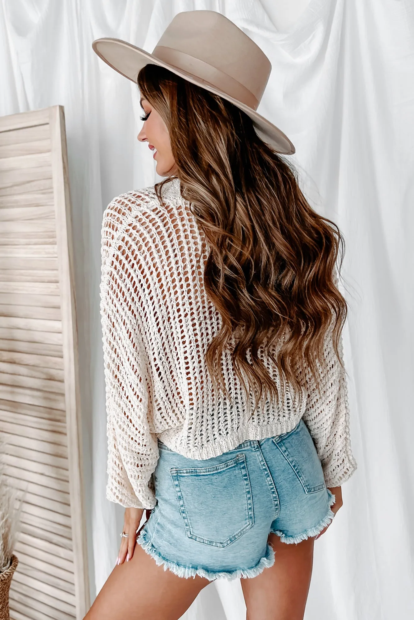 Something About Her Tie-Front Cropped Crochet Cardigan (Cream)