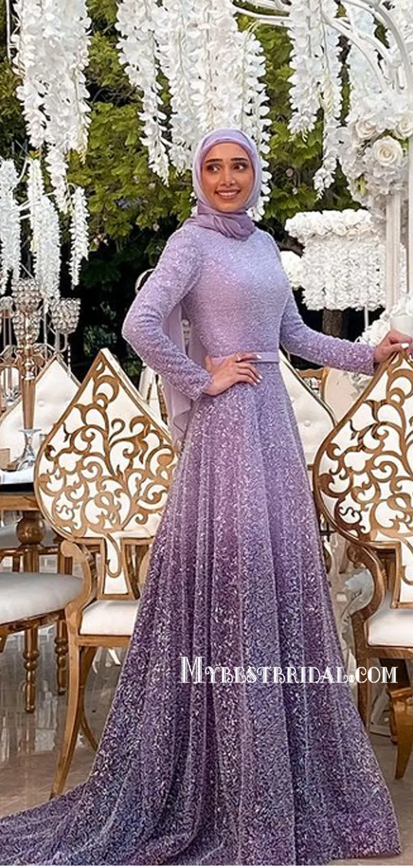 Sparkly Scoop Neck A-line Sequin Long Sleeve Long Prom Dresses, PDS0185