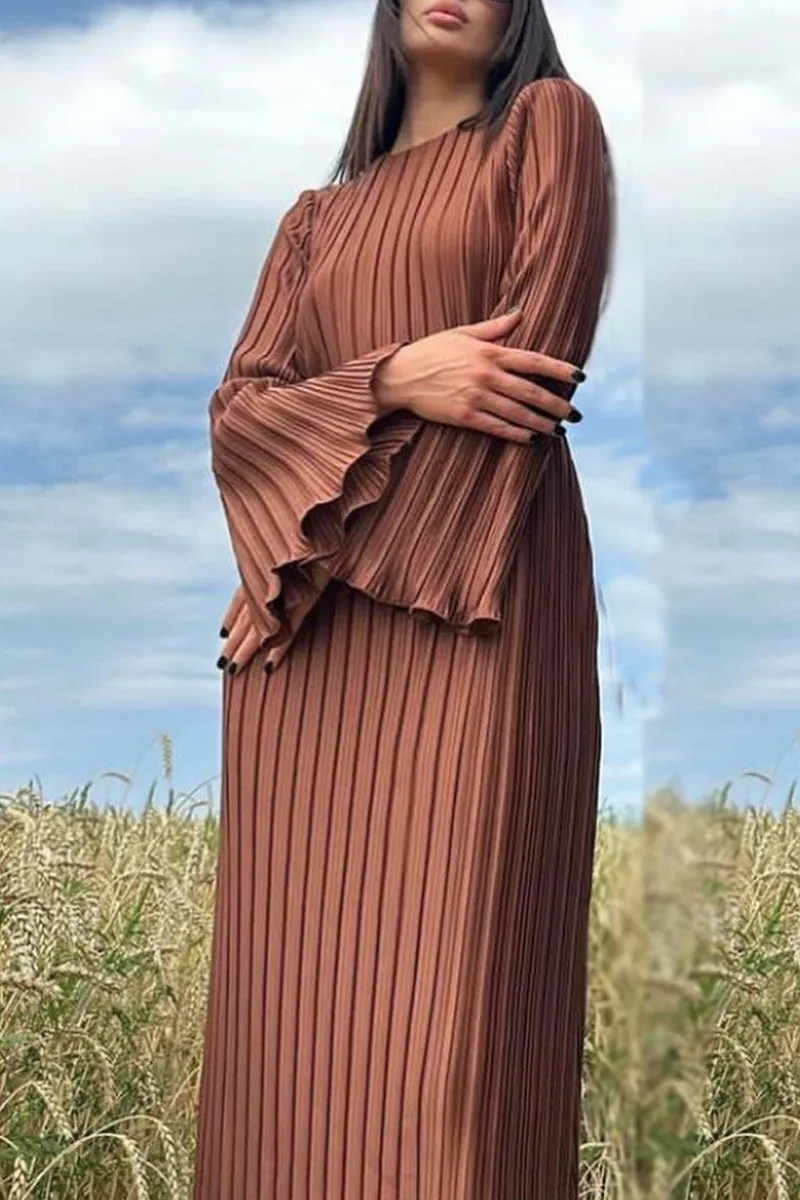 Street Solid Patchwork Pleated O Neck Long Dress Dresses(4 Colors)