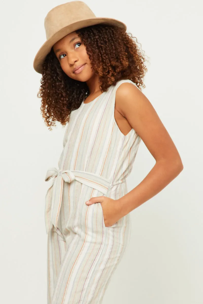 Stripe V Neck Sleeveless Belted Jumpsuit