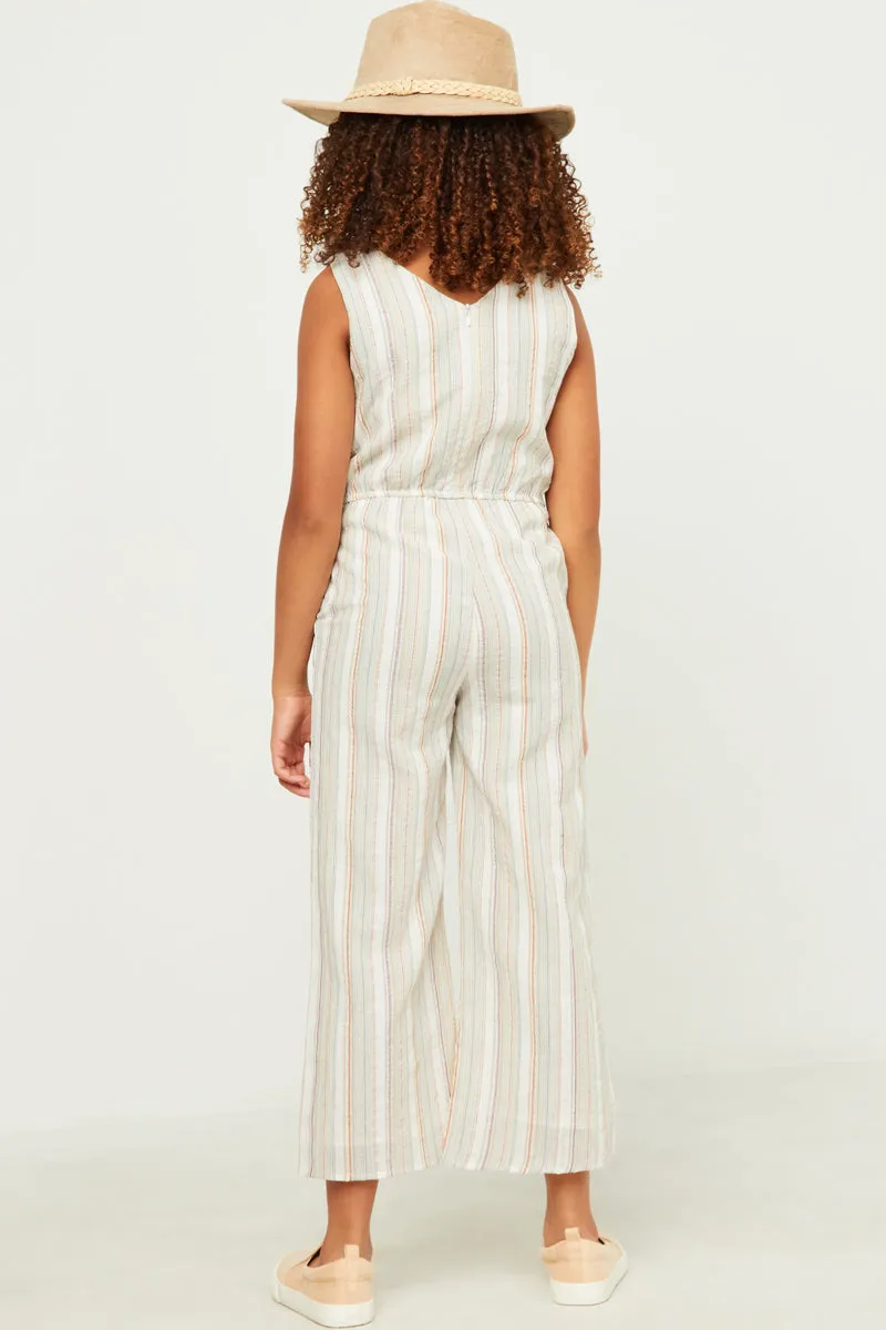 Stripe V Neck Sleeveless Belted Jumpsuit