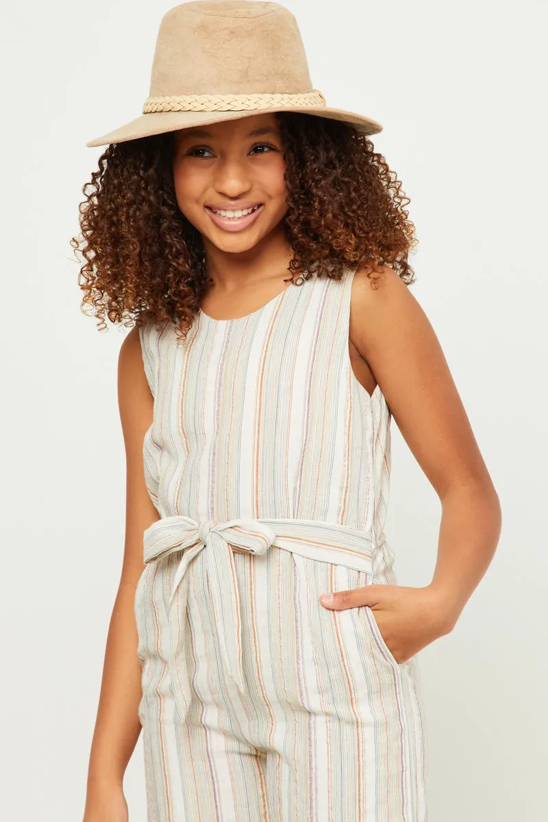 Stripe V Neck Sleeveless Belted Jumpsuit