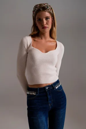 Sweetheart Neckline Chenille Sweater in cream
