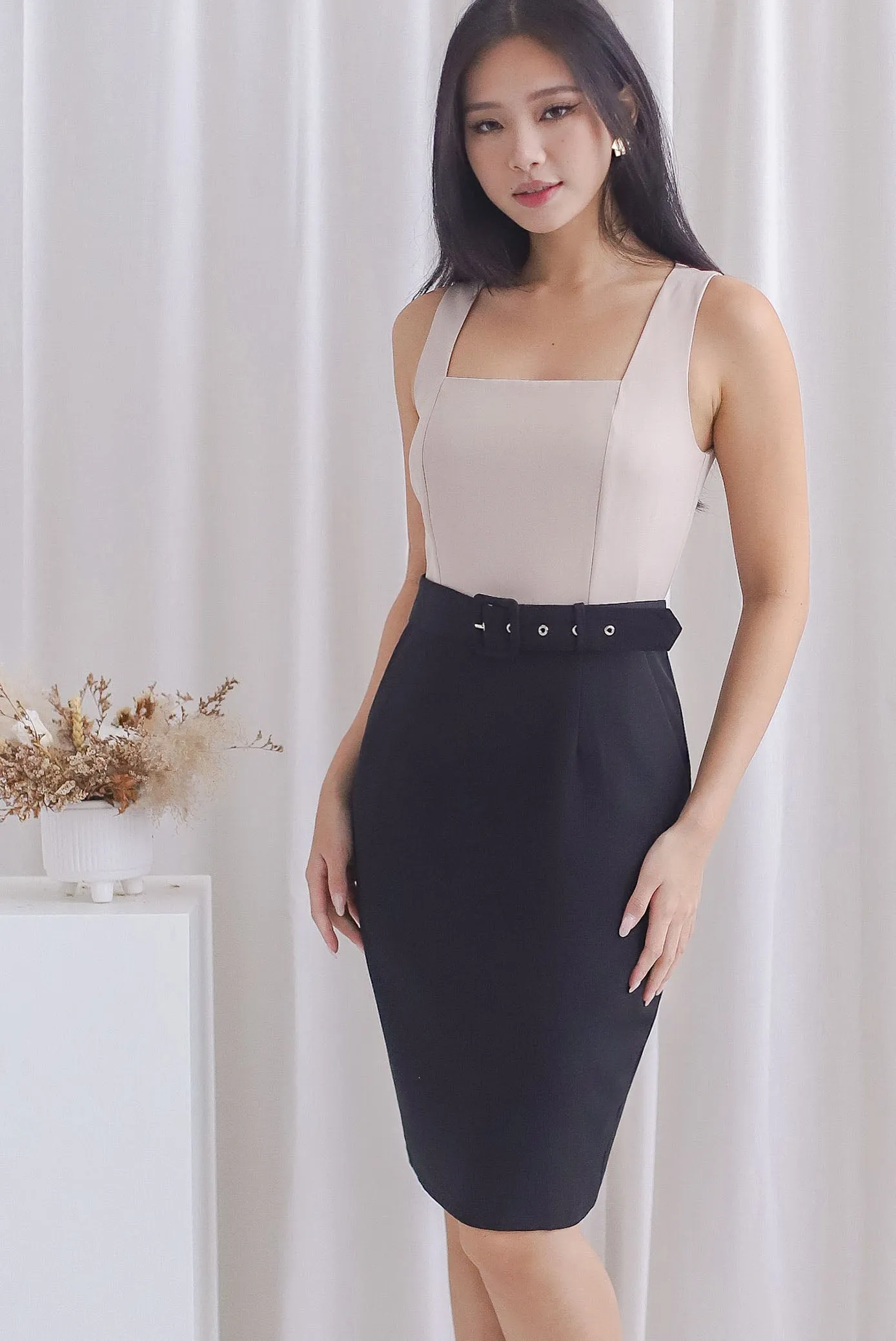 TDC Claude Square Neck Belted Work Dress In Black/Taupe