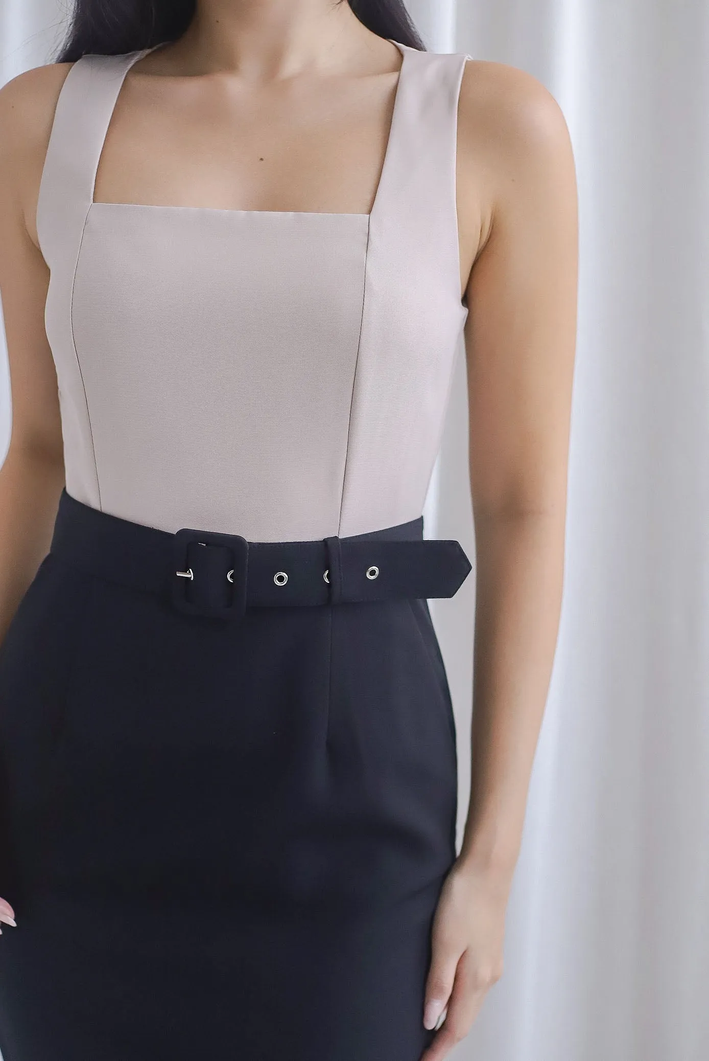 TDC Claude Square Neck Belted Work Dress In Black/Taupe