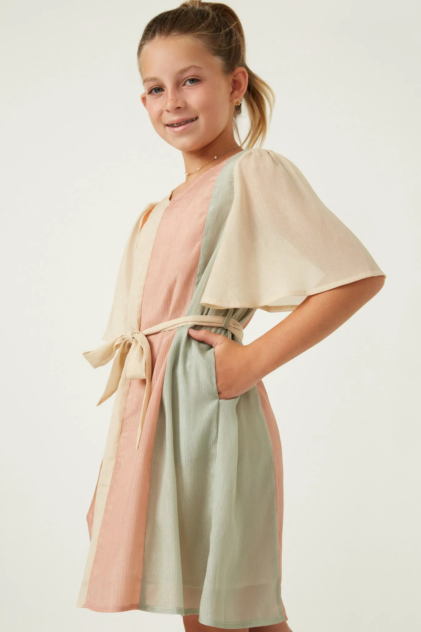 Textured Color Blocked Belted Dress