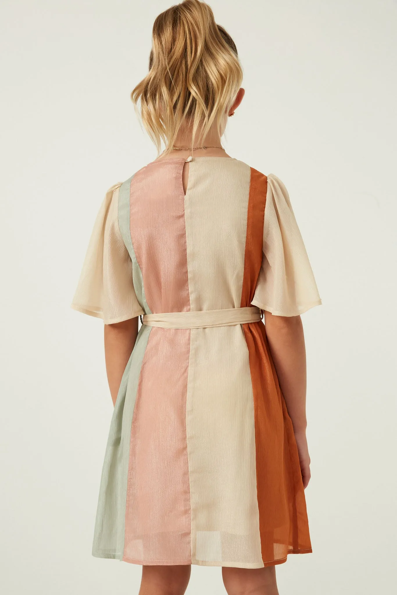 Textured Color Blocked Belted Dress