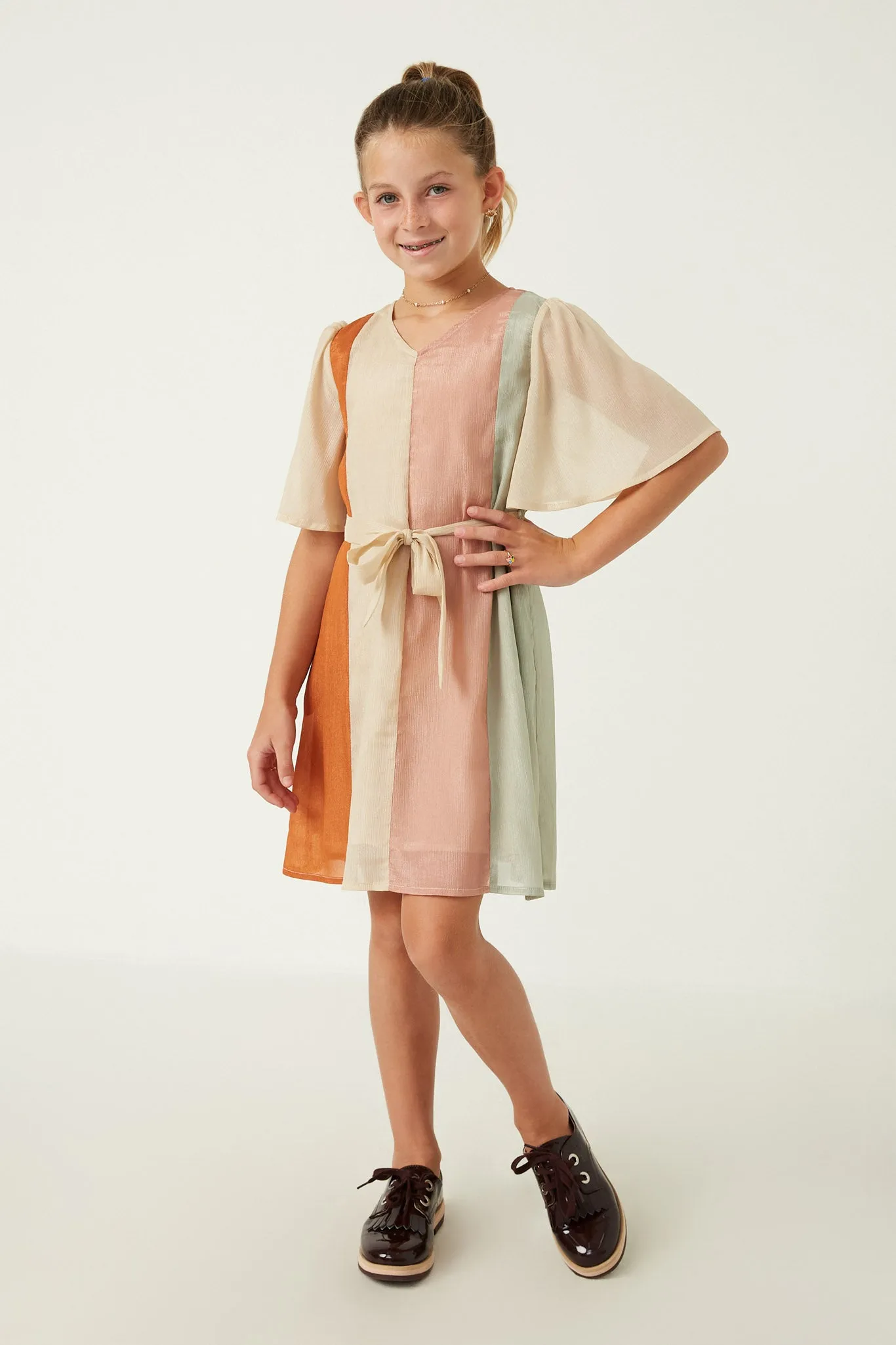 Textured Color Blocked Belted Dress