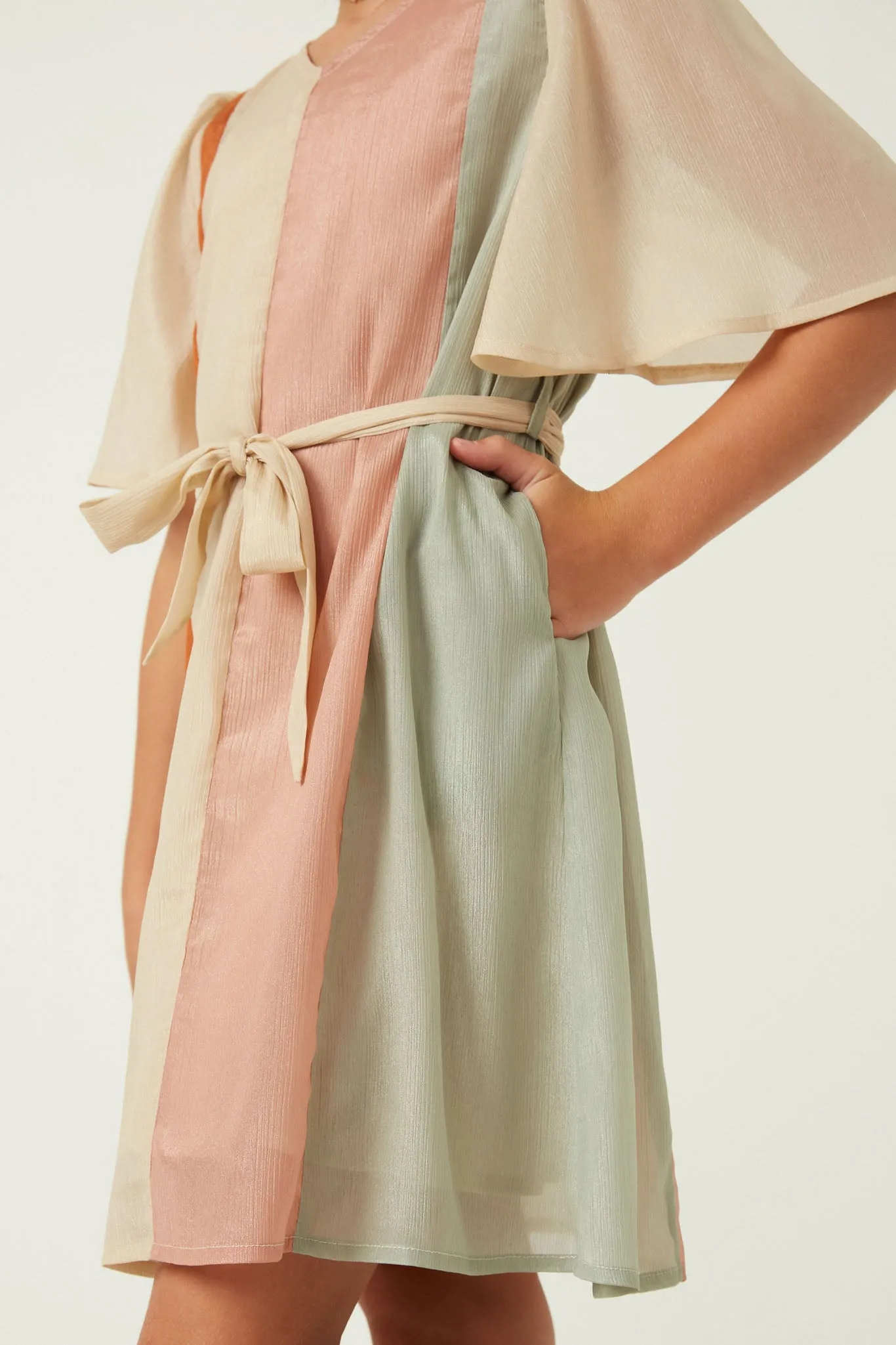 Textured Color Blocked Belted Dress