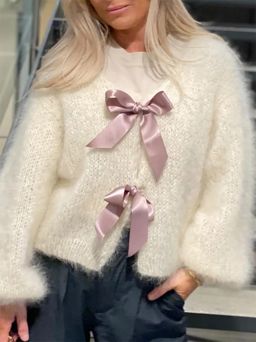 thanksgiving outfit JazzHer New Fashion Women Tie Front Sweaters Casual Lightweight Contrast Color Knit Cardigans Warm Fall Knitwear For Streetwear S-XL