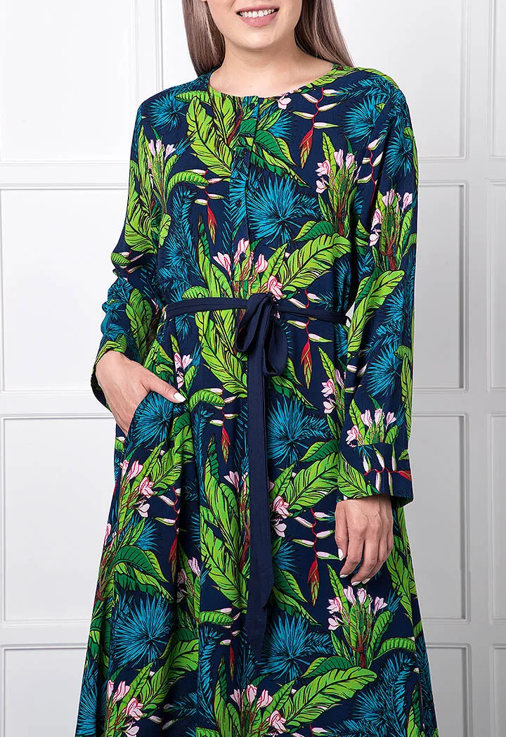 Tropical Print Belted Maxi Dress