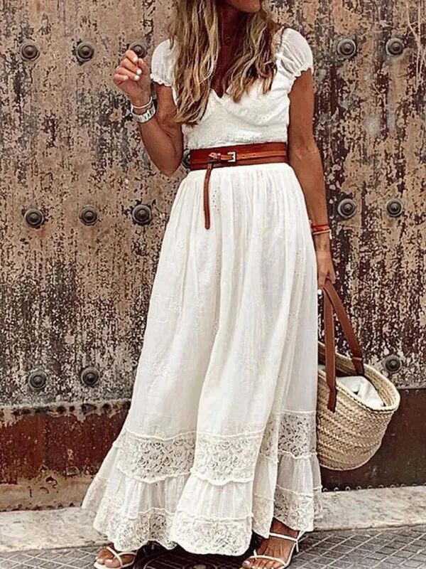 V-neck Maxi Dress with Lace Stitching and Belted Waist