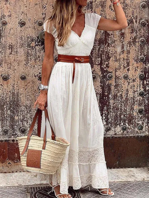 V-neck Maxi Dress with Lace Stitching and Belted Waist