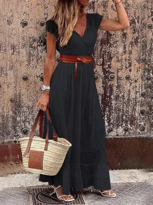 V-neck Maxi Dress with Lace Stitching and Belted Waist