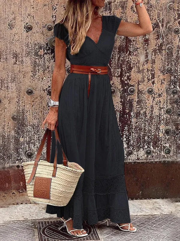 V-neck Maxi Dress with Lace Stitching and Belted Waist