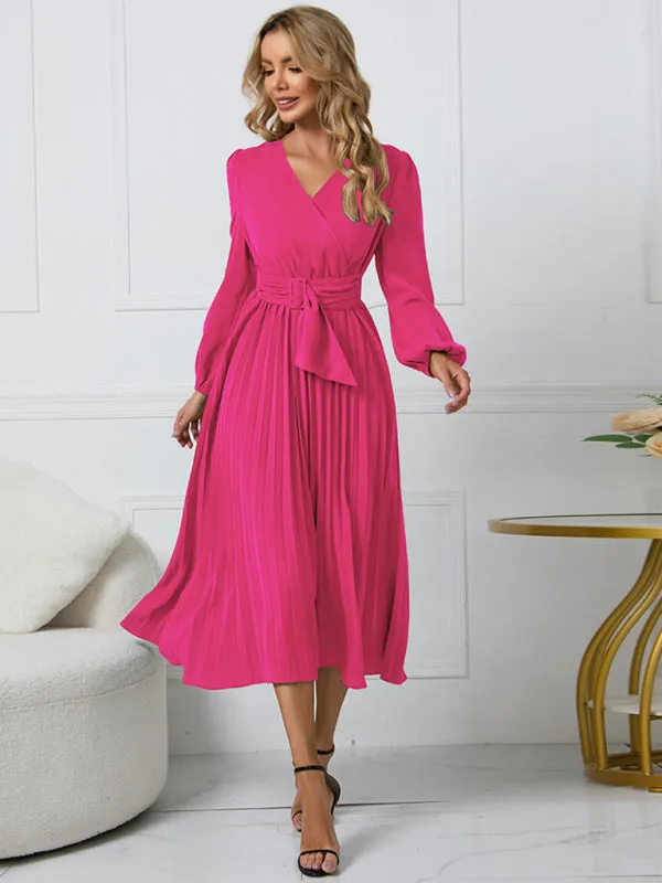 V-Neck Midi Dress with Pleated A-Line Skirt and Belted Waist