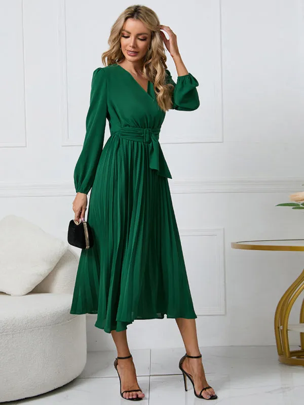 V-Neck Midi Dress with Pleated A-Line Skirt and Belted Waist