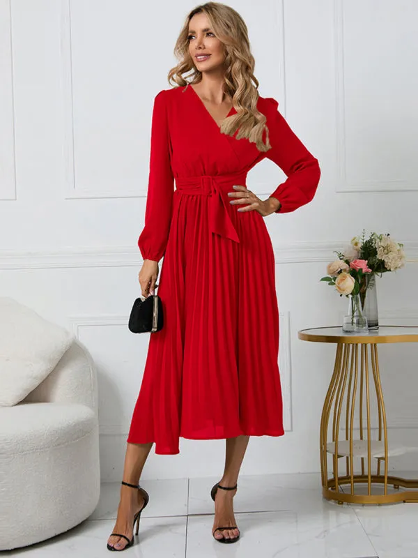 V-Neck Midi Dress with Pleated A-Line Skirt and Belted Waist
