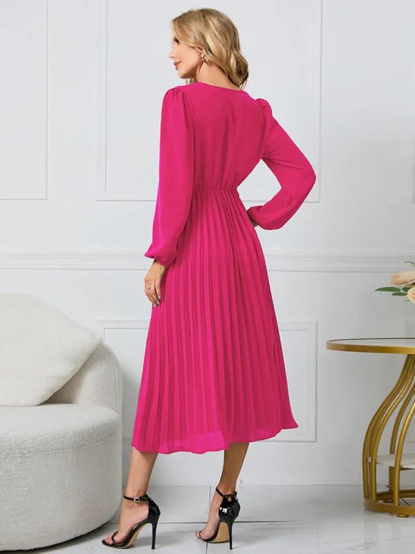V-Neck Midi Dress with Pleated A-Line Skirt and Belted Waist