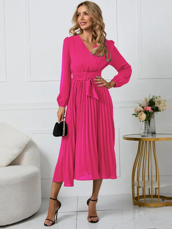 V-Neck Midi Dress with Pleated A-Line Skirt and Belted Waist