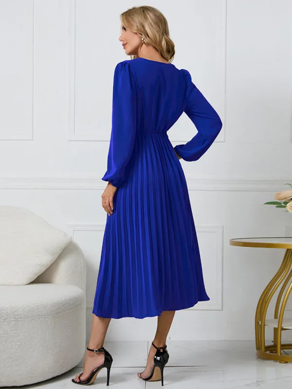 V-Neck Midi Dress with Pleated A-Line Skirt and Belted Waist
