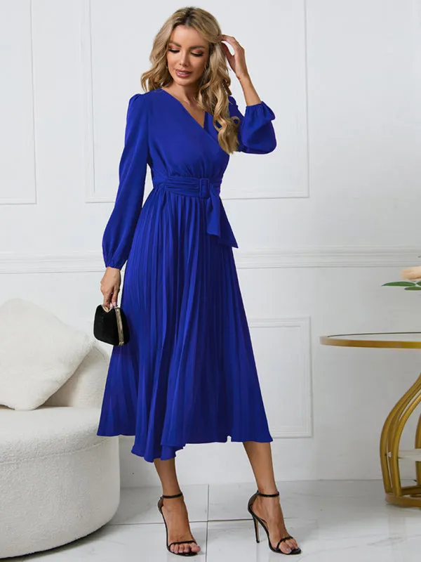 V-Neck Midi Dress with Pleated A-Line Skirt and Belted Waist