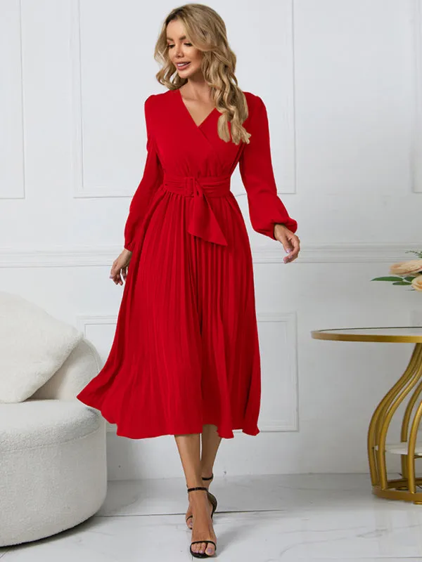 V-Neck Midi Dress with Pleated A-Line Skirt and Belted Waist