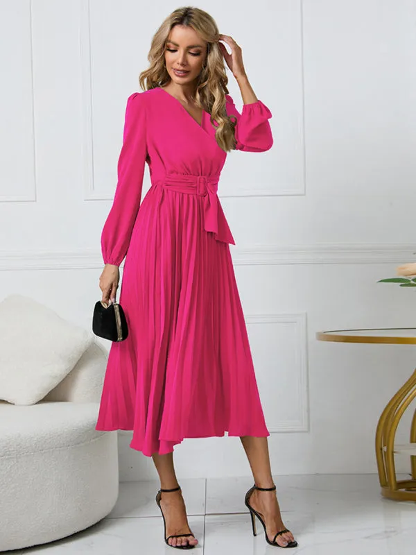 V-Neck Midi Dress with Pleated A-Line Skirt and Belted Waist