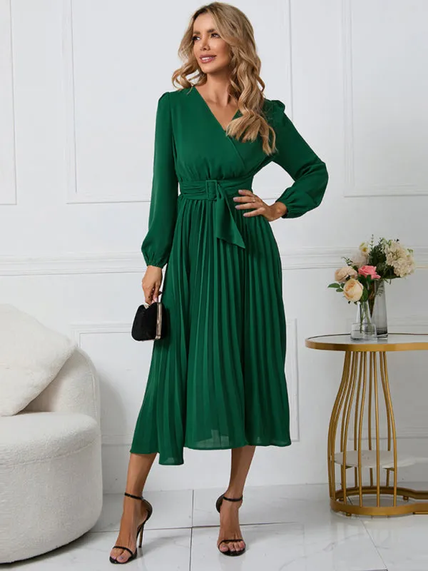 V-Neck Midi Dress with Pleated A-Line Skirt and Belted Waist