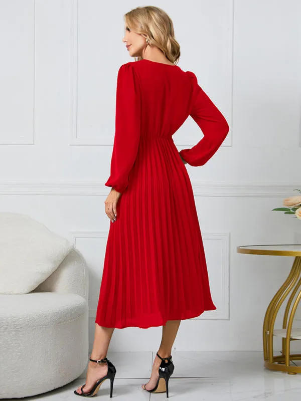 V-Neck Midi Dress with Pleated A-Line Skirt and Belted Waist