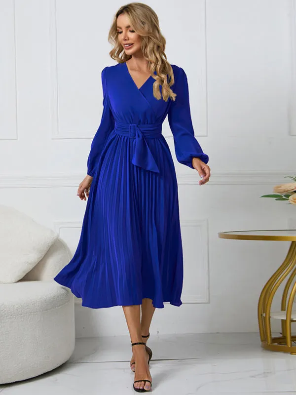 V-Neck Midi Dress with Pleated A-Line Skirt and Belted Waist