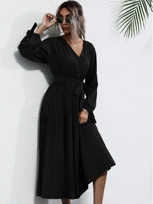 V-Neck Midi Dress with Pleated Skirt and Belted Waist