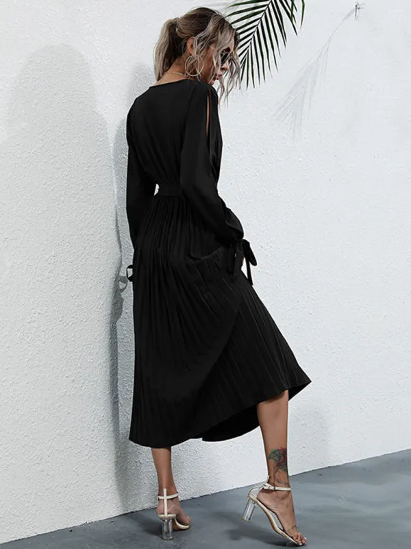 V-Neck Midi Dress with Pleated Skirt and Belted Waist