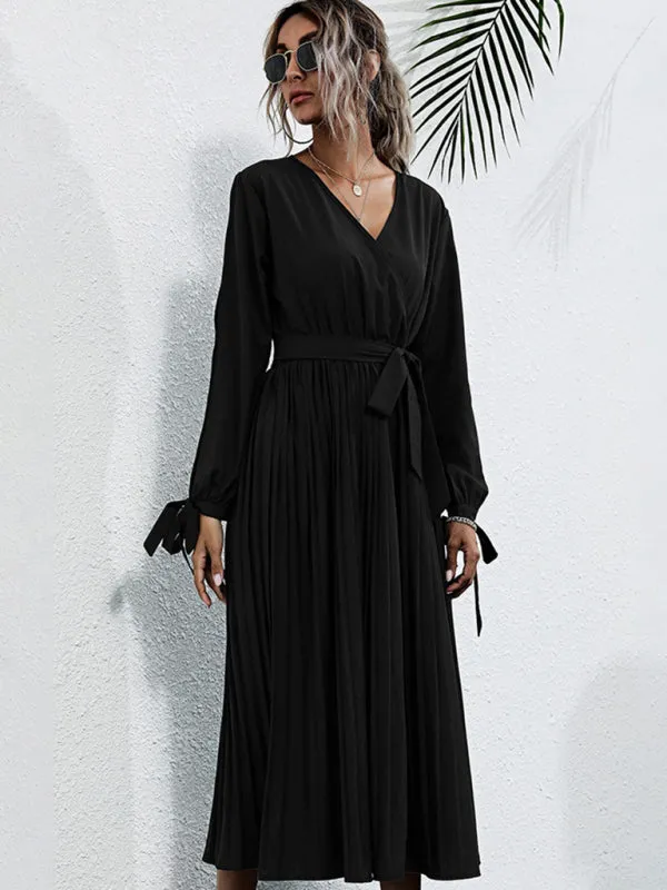 V-Neck Midi Dress with Pleated Skirt and Belted Waist