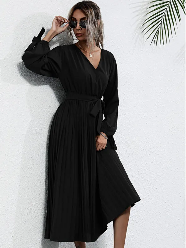 V-Neck Midi Dress with Pleated Skirt and Belted Waist