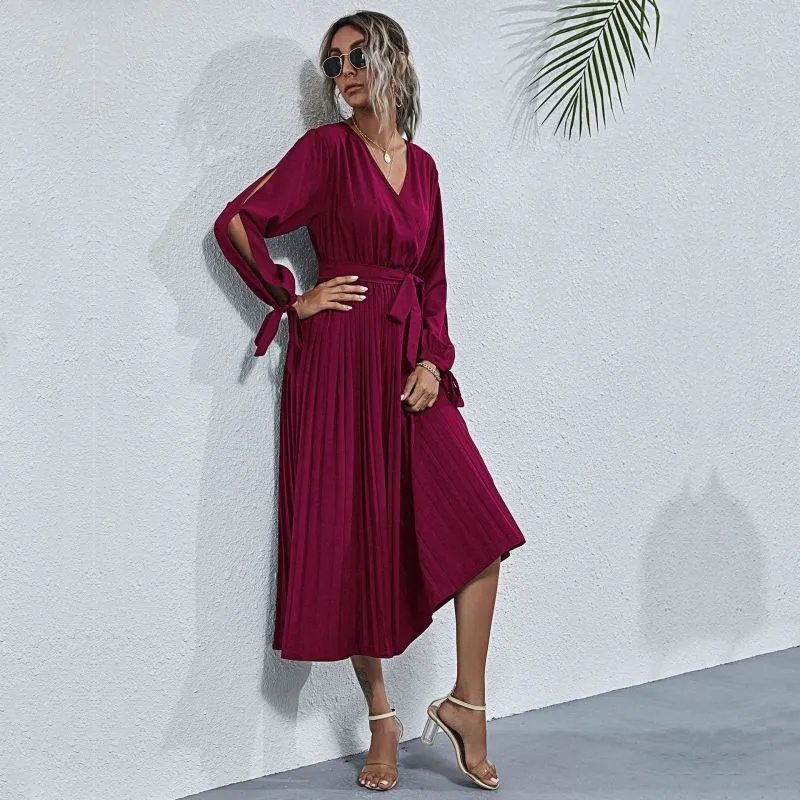 V-Neck Midi Dress with Pleated Skirt and Belted Waist
