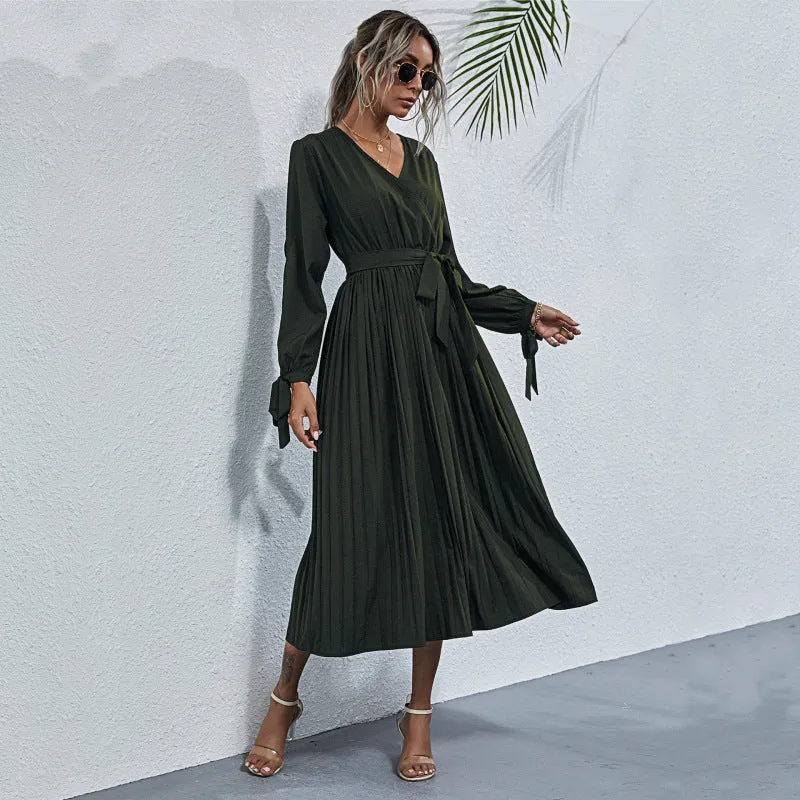 V-Neck Midi Dress with Pleated Skirt and Belted Waist