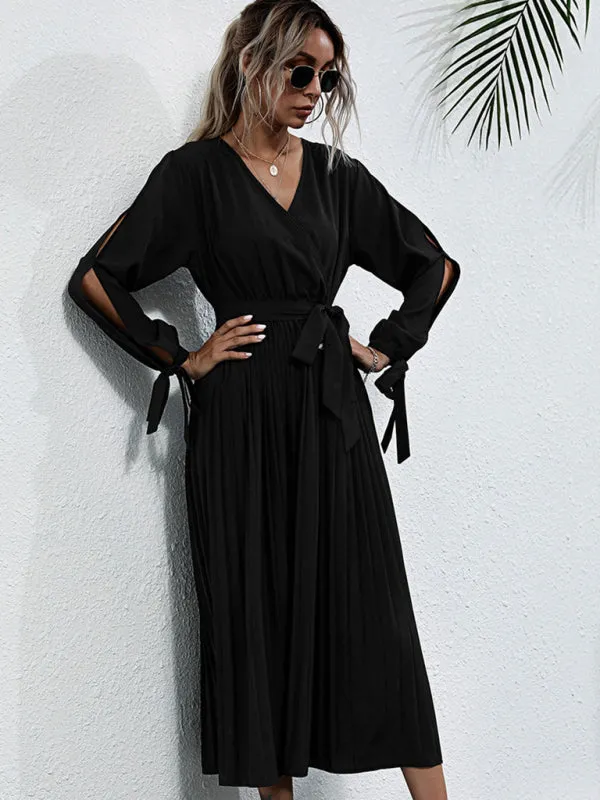 V-Neck Midi Dress with Pleated Skirt and Belted Waist