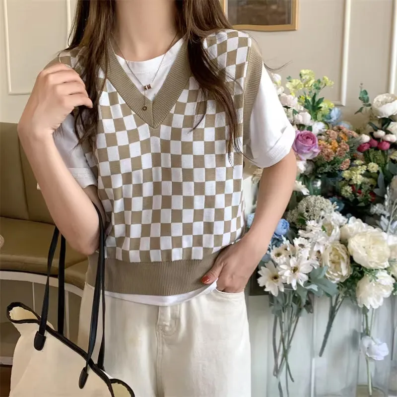 V-Neck Plaid Chess Knitted Vest Sweater