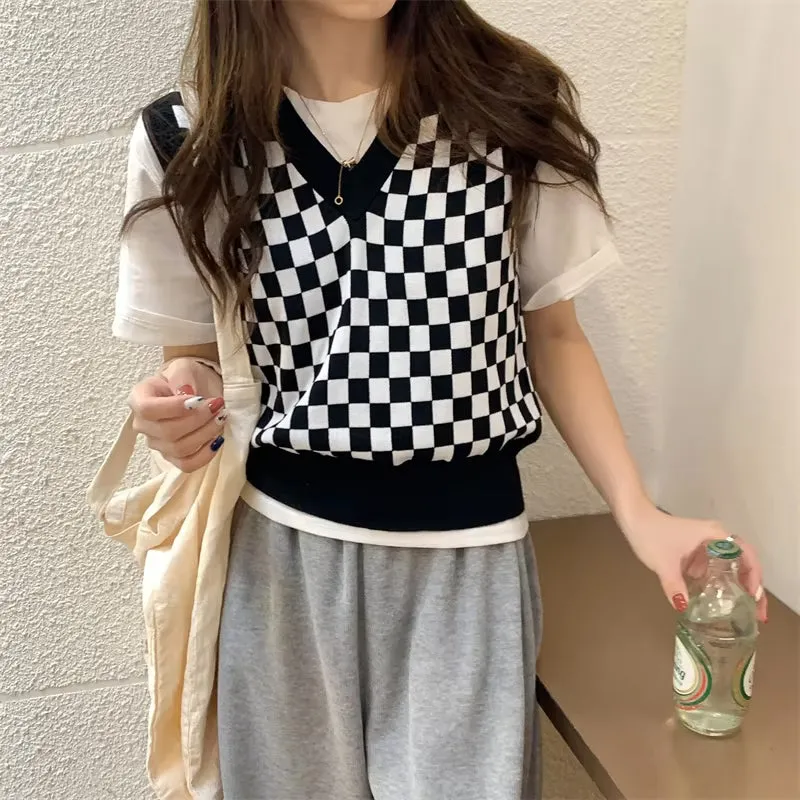 V-Neck Plaid Chess Knitted Vest Sweater