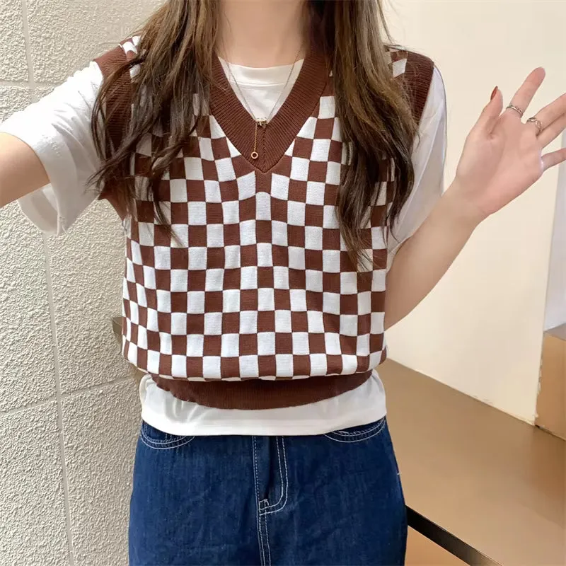 V-Neck Plaid Chess Knitted Vest Sweater