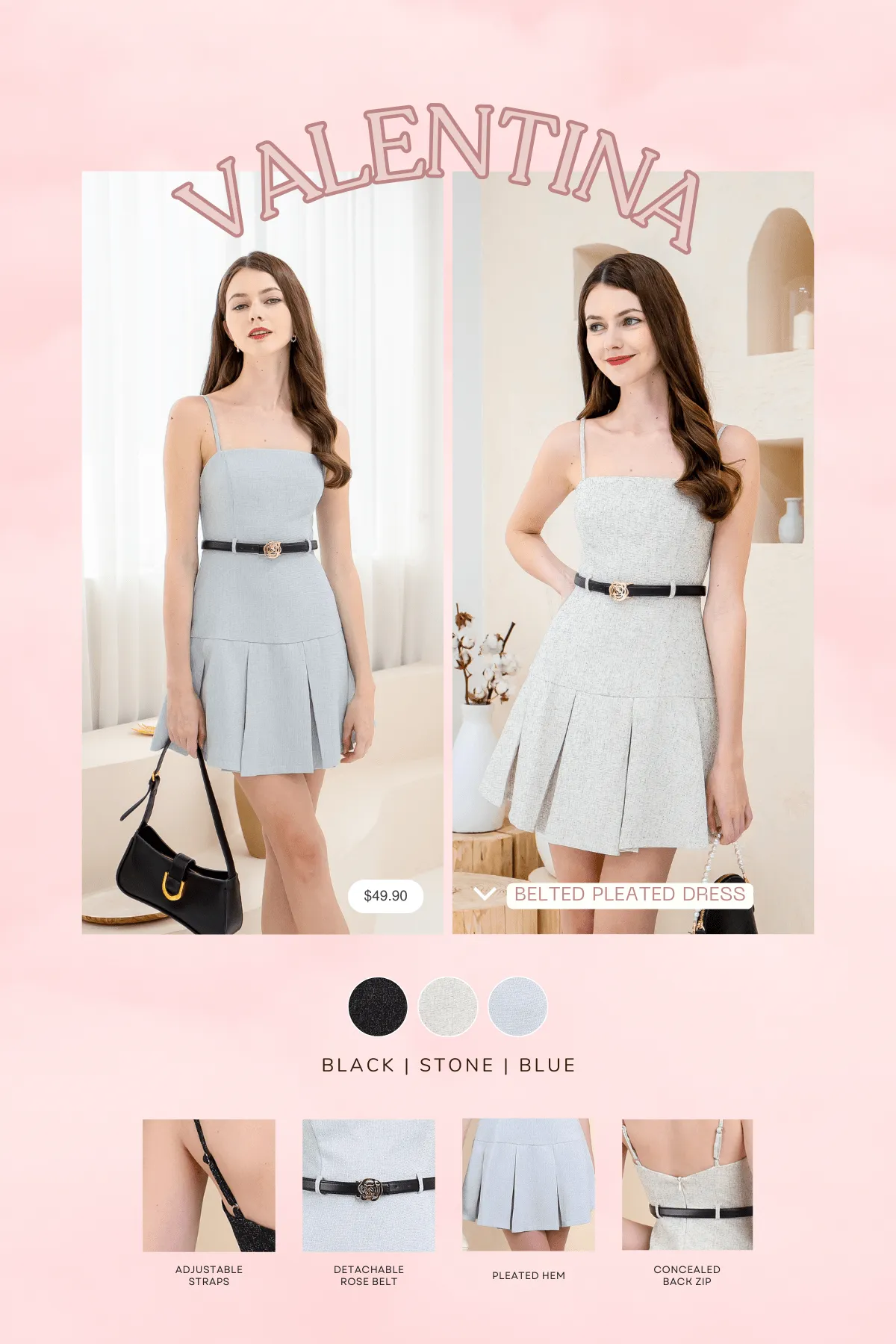 VALENTINA BELTED PLEATED DRESS IN BLUE